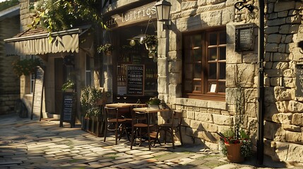 small bistro with a charming stone facade, located in a quiet village, where the stone's warmth and texture invite passersby to step inside