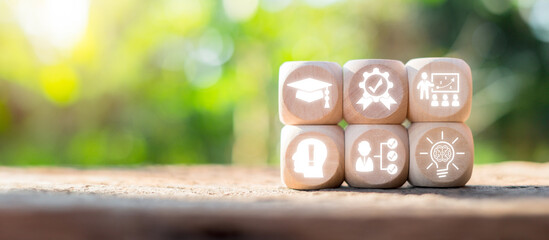 Conceptual Image Representing Qualification and Education with Wooden Blocks and Icons of...