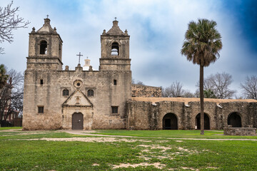Exterior view of historic Mission Conception in San Antonio Texas