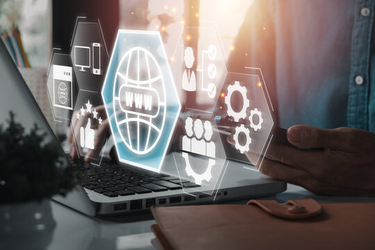 Digital Online Reputation Management Concept with Virtual Icons and Laptop in Modern Office Setting