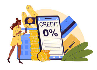 Credit in phone concept. Woman near golden coins and banknotes with smartphone. Loan and mortgage. Savings and budget. Girl with financial literacy. Cartoon flat vector illustration
