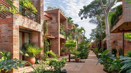 Fototapeta premium sustainable housing project with brick facades made from recycled materials, set in an eco-friendly community with lush greenery