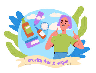 Cruelty free and vegan beauty products. Young girl with clean cosmetics products. Natural and organic creams and lotions. Stop violence against animals. Cartoon flat vector illustration