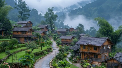 Obraz premium Serene mountain village with traditional wooden houses, lush greenery, and a misty atmosphere, epitomizing rustic tranquility and natural beauty.
