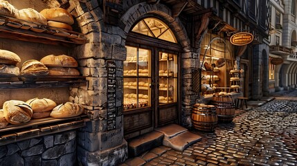 traditional bakery with a facade of old, weathered bricks, emitting the inviting aroma of fresh bread into the cobbled street