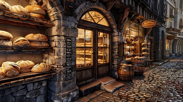 traditional bakery with a facade of old, weathered bricks, emitting the inviting aroma of fresh bread into the cobbled street