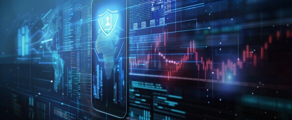 3D illustration of digital security, mobile phone and computer screen with graphs displaying business data and hologram shield symbol on dark background, wide banner design