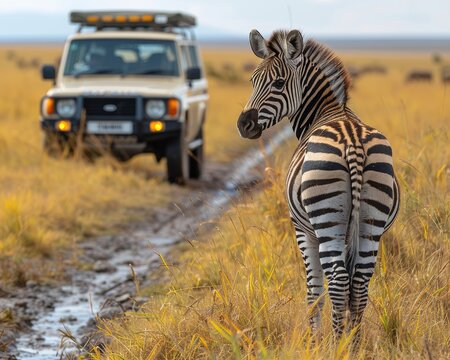 Fototapeta Zebra standing in savannah near safari jeep, showcasing wildlife in natural habitat, perfect for travel and adventure themes.