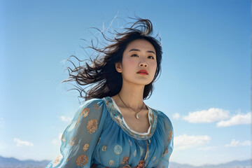 A woman with long hair is standing in a field with a blue dress