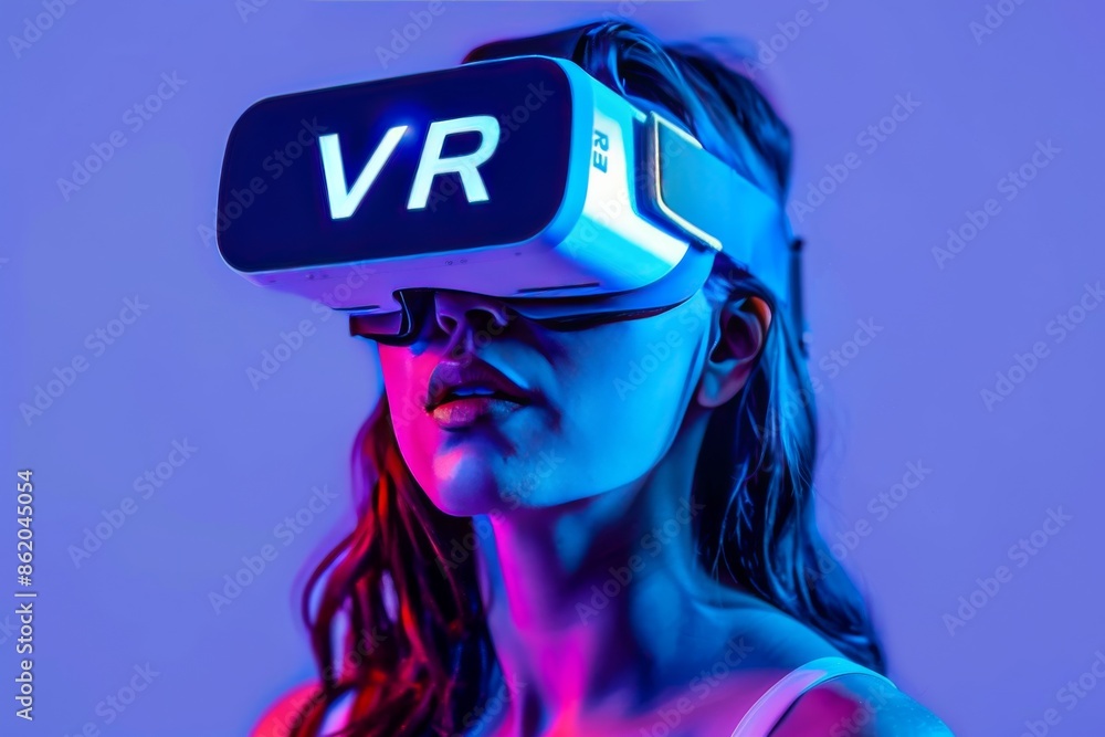 Poster woman using vr in a neon lit setting, emphasizing the blend of digital creativity and advanced techn
