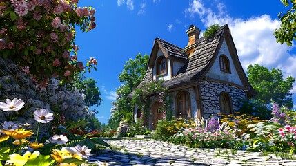 whimsical cottage with cobblestone siding and a thatched roof, located in a lush, blooming garden under a clear blue sky
