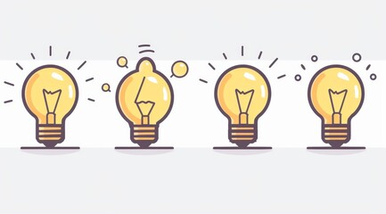 4 lightbulbs in different stages of working, a simple line art illustration depicting this in a minimalistic style with a yellow color palette and white background using vector graphics