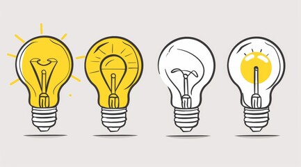 4 lightbulbs in different stages of working, a simple line art illustration depicting this in a minimalistic style with a yellow color palette and white background using vector graphics