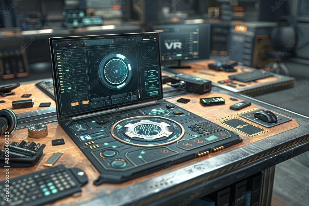 Aufkleber futuristic vr control setup, showcasing advanced technology and immersive interfaces in a high tech 