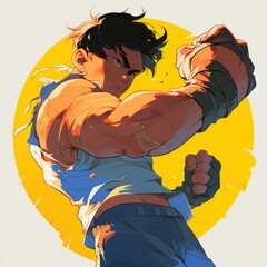 Muscular anime fighter ready to strike with powerful pose. Illustration of a strong and determined character. Concept of strength, action, and martial arts.