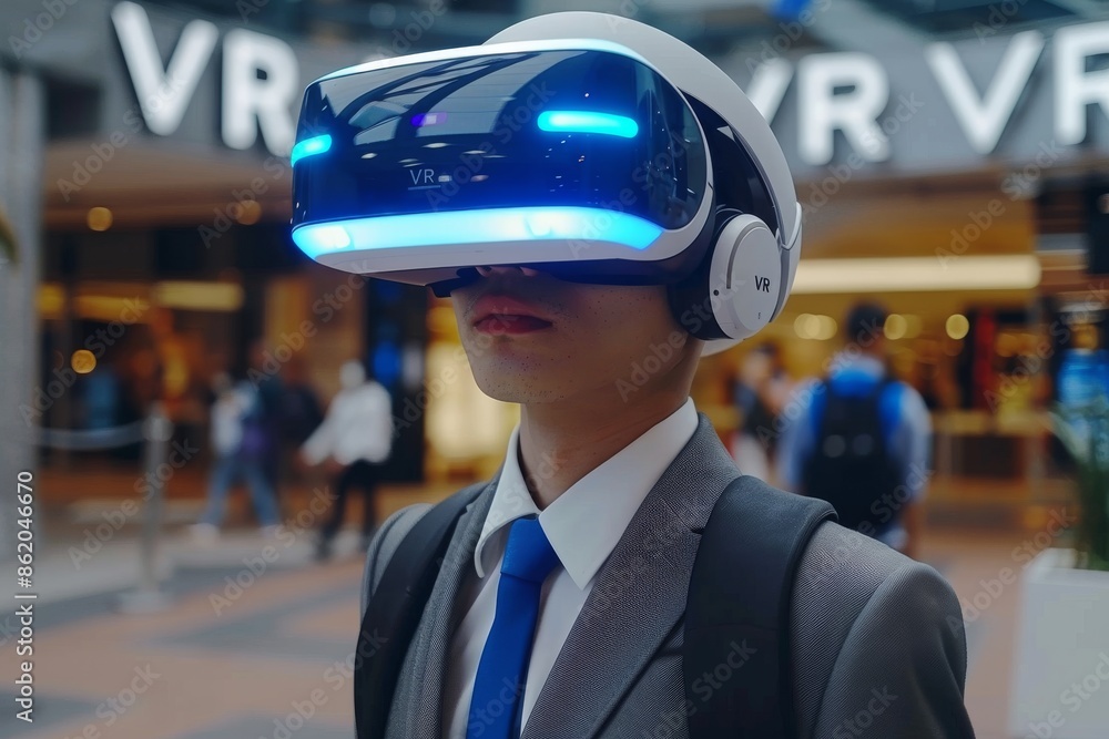 Poster man using vr in an urban setting, highlighting the blend of everyday life and advanced technology, p