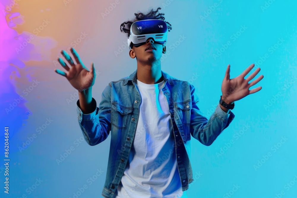 Aufkleber man enjoying vr in a colorful setting, highlighting the immersive experience and advanced technology