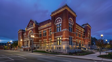 Fototapeta premium imposing library building with classic red brick siding, its intricate masonry glowing under streetlights in the evening