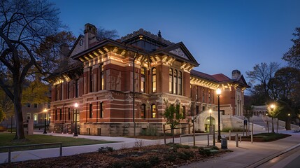 Fototapeta premium imposing library building with classic red brick siding, its intricate masonry glowing under streetlights in the evening