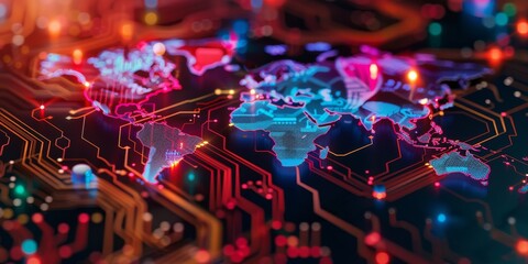 Obraz premium A colorful digital world map on top of an intricate circuit board, representing global connectivity and the power to shape technology's impact in various countries