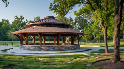 innovative park pavilion with a domed roof and circular brick siding, providing a striking contrast against the green park landscape