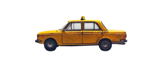 A yellow taxi cab is parked on a white background