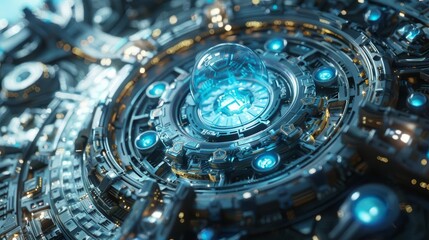 Fototapeta premium A futuristic monument with interactive holographic displays, Metallic colors, Futuristic, 3D rendering, Majestic