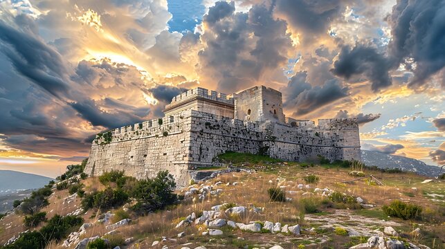 old fortress restored with modern stone siding techniques, perched on a hilltop with dramatic clouds overhead