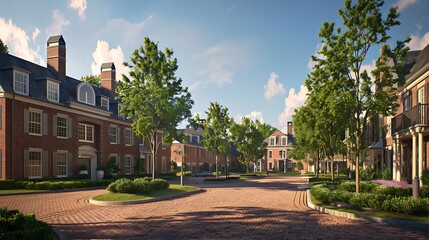 Fototapeta premium upscale residential development with varied brick facades, each building designed to reflect a different architectural era, creating a unique neighborhood tapestry