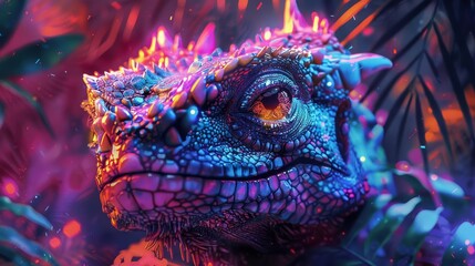 Fototapeta premium A half man, half animal creature in a digital jungle, Vibrant colors, Cyberpunk, Illustration, Surreal