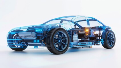 Obraz premium A detailed illustration of an electric car's internal structure, showcasing the battery and motor inside its transparent shell.