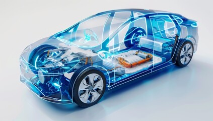Fototapeta premium A detailed illustration of an electric car's internal structure, showcasing the battery and motor inside its transparent shell.