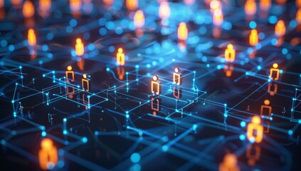 A digital illustration of an abstract network structure with glowing connections between small blocks representing people and machines, set against a dark blue background.