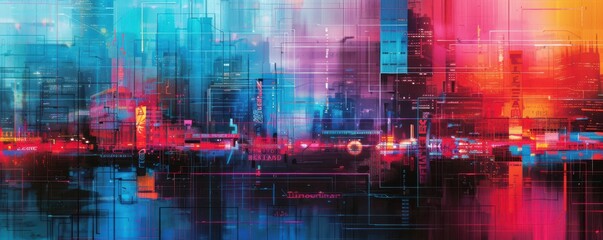 Abstract digital art of a vibrant cityscape with colorful lights and futuristic design, blending blue, pink, and orange hues in a striking composition.
