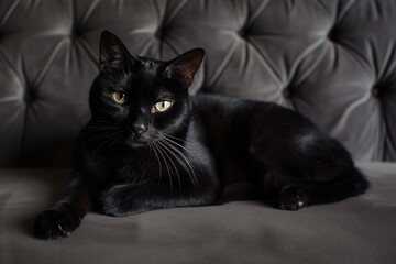 Close-up photo of a black cat with yellow eyes relaxing on the black sofa