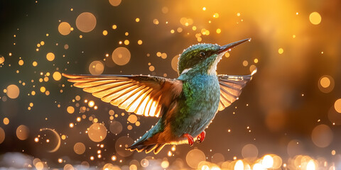 Obraz premium Close-up of a vibrant hummingbird in flight with its wings spread, set against a glowing, bokeh-filled background