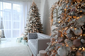 Beautiful interior of living room with decorated Christmas trees