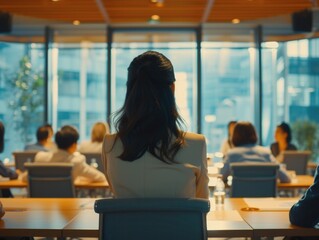 A diverse group of professionals sitting around a table in a conference room, engaged in a business meeting.