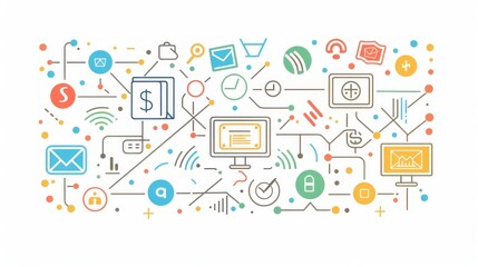 A flat vector illustration of simple line graphic design with icons representing business and marketing, including money sign, computer screen icon, book symbol, network connection lines