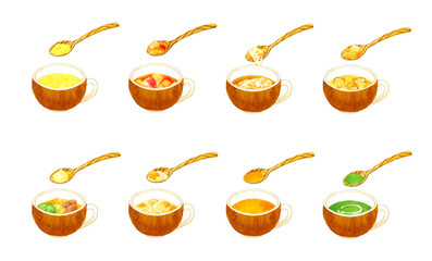 スープ＆ポタージュ8種類セット　料理・食べ物の手描き水彩イラスト素材