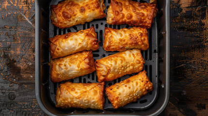 Crispy Air Fried Egg Rolls Top View on Rustic Table