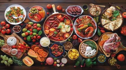 An assortment of colorful, fresh food ingredients and dishes displayed on a wooden table, capturing the essence of culinary diversity.