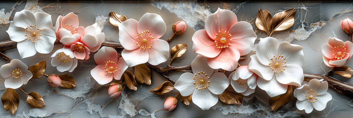 Fototapeta premium panel wall art, wall decoration, marble background with flowers designs