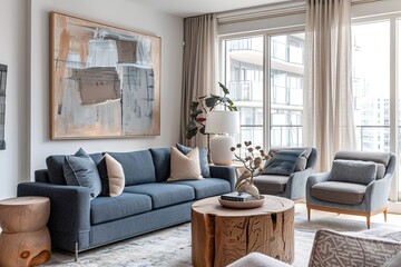 Fototapeta premium Cozy living room with large windows featuring an oversized blue sofa and modern chairs, adorned with abstract art paintings in neutral tones. 