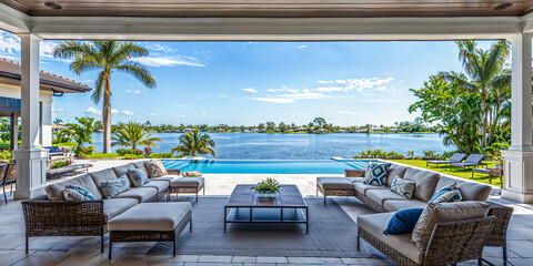 Florida luxury mansion patio on the waterfront, exterior home design, wide banner