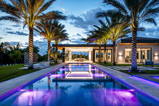 Modern Florida tropical mansion home exterior design, purple lights swimming pool, palm trees