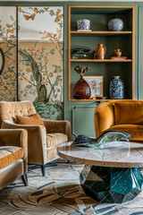 Modern Art Nouveau living room interior design, marble table, luxury home, vertical