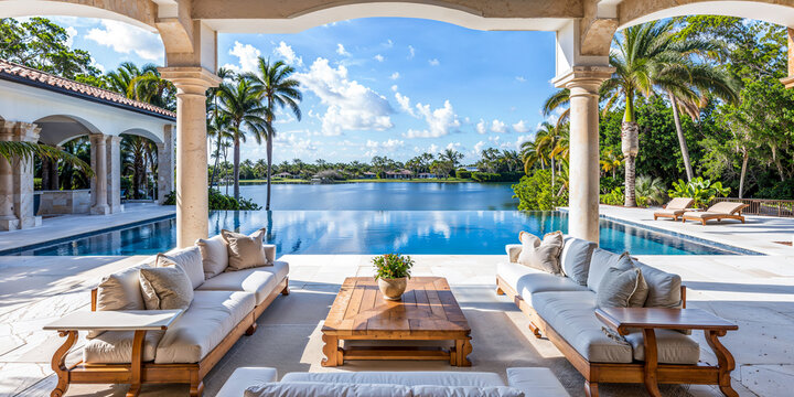 Florida luxury mansion patio on the waterfront, exterior home design, wide banner