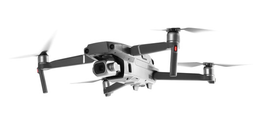 Modern drone with camera isolated on white