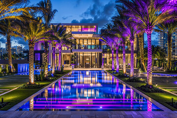 Modern Florida tropical mansion home exterior design, blue and purple LED lights, swimming pool, palm trees